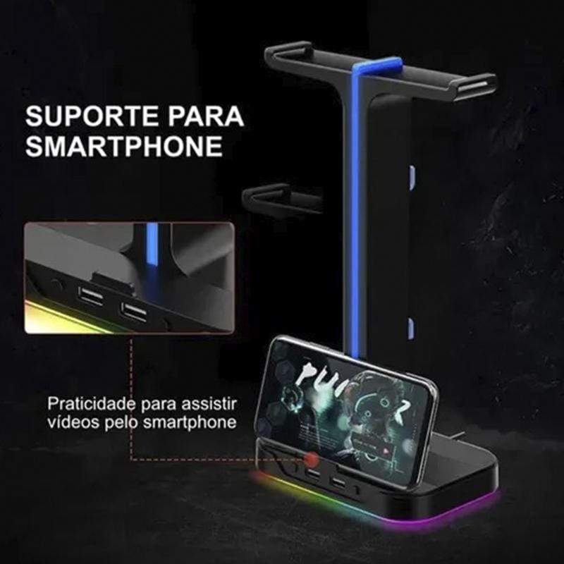 Suporte para Headset RGB com 2 portas USB